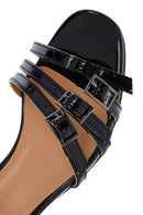 Women's Black Ankle Buckle Thick Patent Leather Heeled Sandals | Derimod