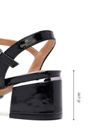 Women's Black Ankle Buckle Thick Patent Leather Heeled Sandals | Derimod