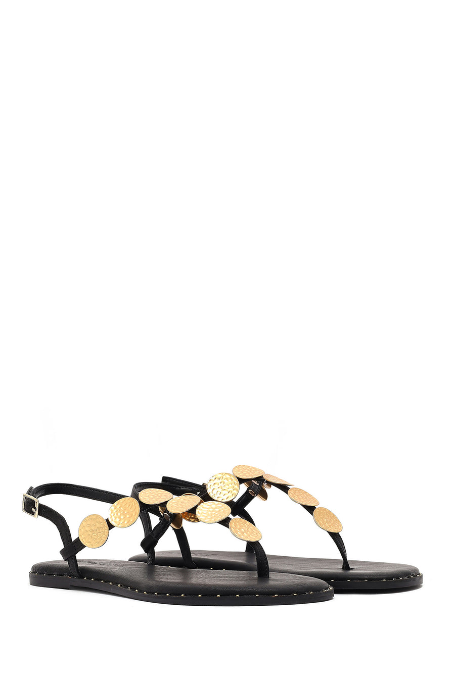 Women's Black Metal Detailed Flip-Flop Sandals