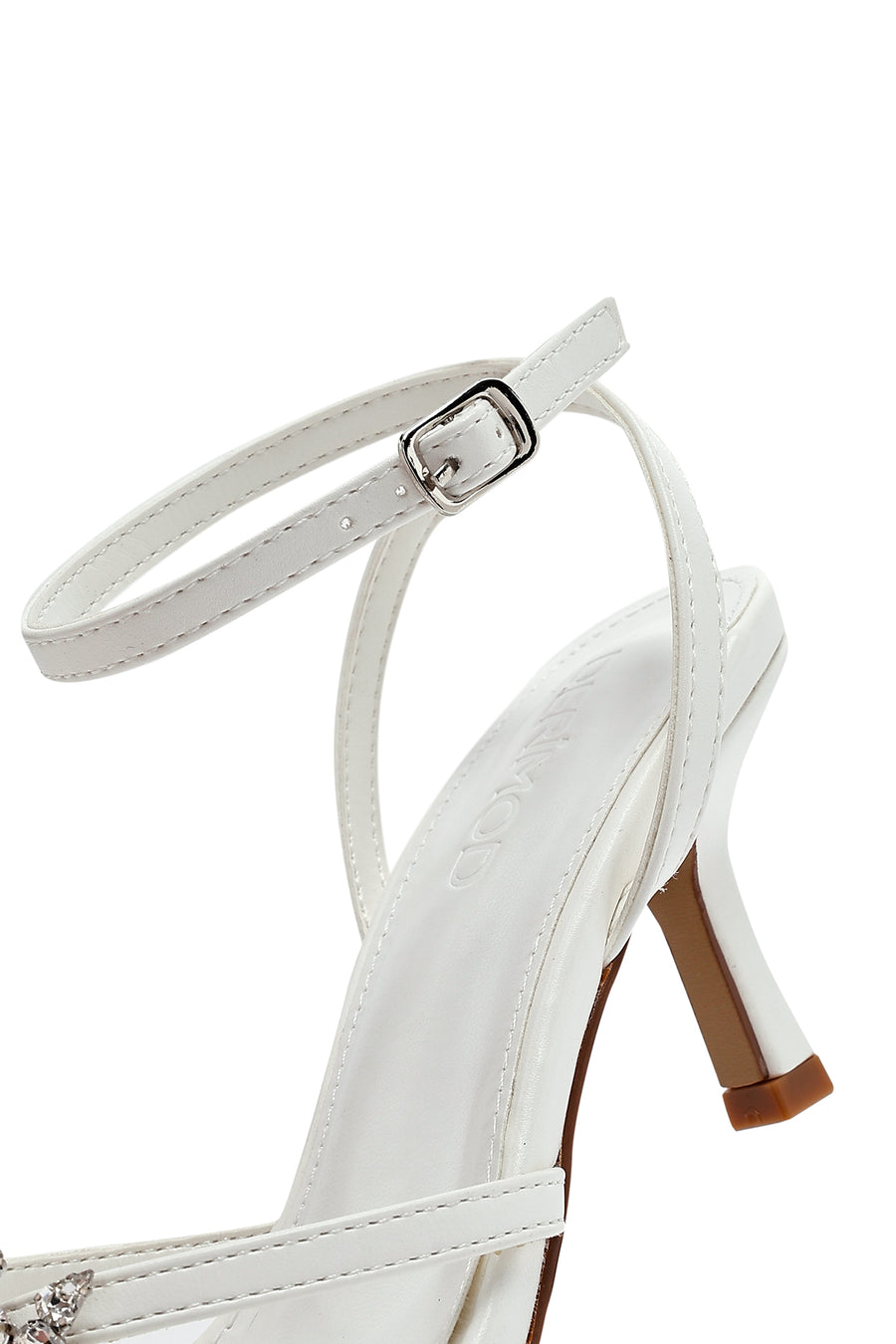 Women's White Ankle Buckle Stoned Thin Short Heeled Sandals