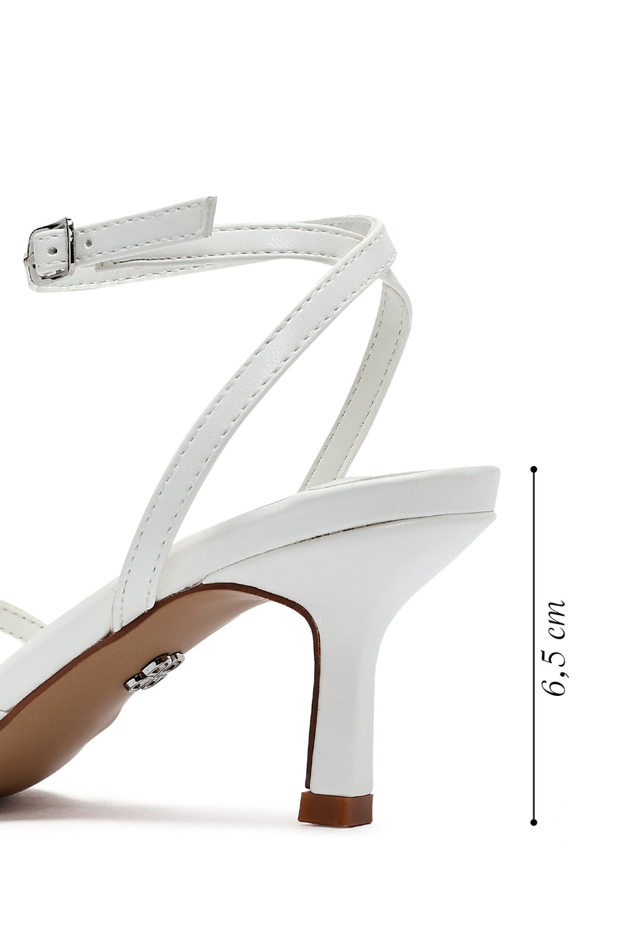 Women's White Ankle Buckle Stoned Thin Short Heeled Sandals