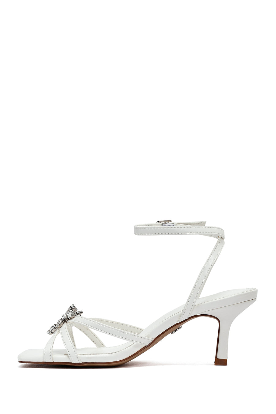 Women's White Ankle Buckle Stoned Thin Short Heeled Sandals