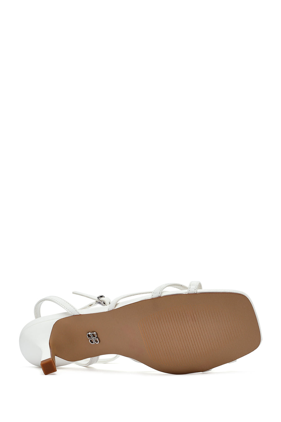 Women's White Ankle Buckle Stoned Thin Short Heeled Sandals