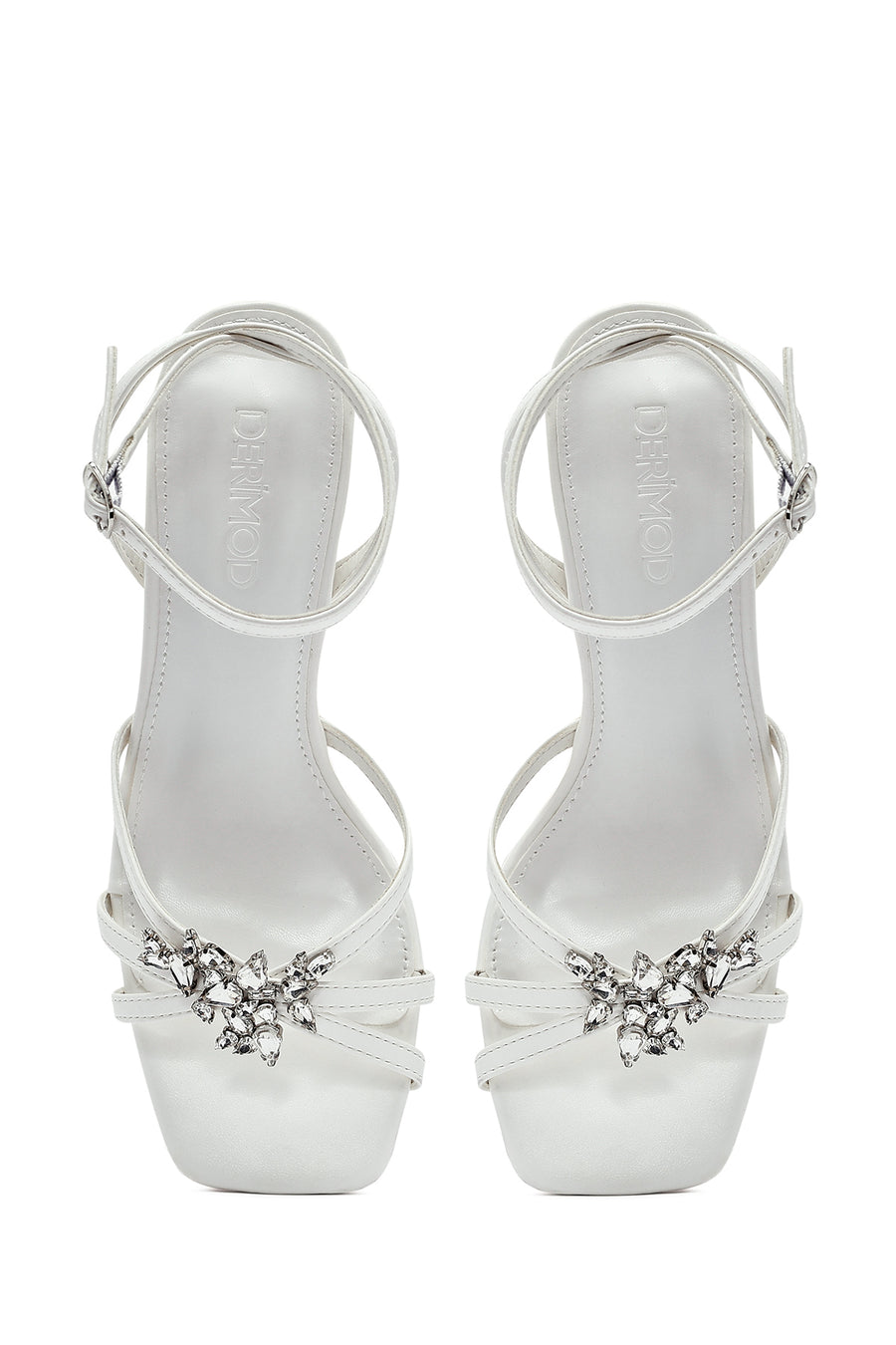 Women's White Ankle Buckle Stoned Thin Short Heeled Sandals