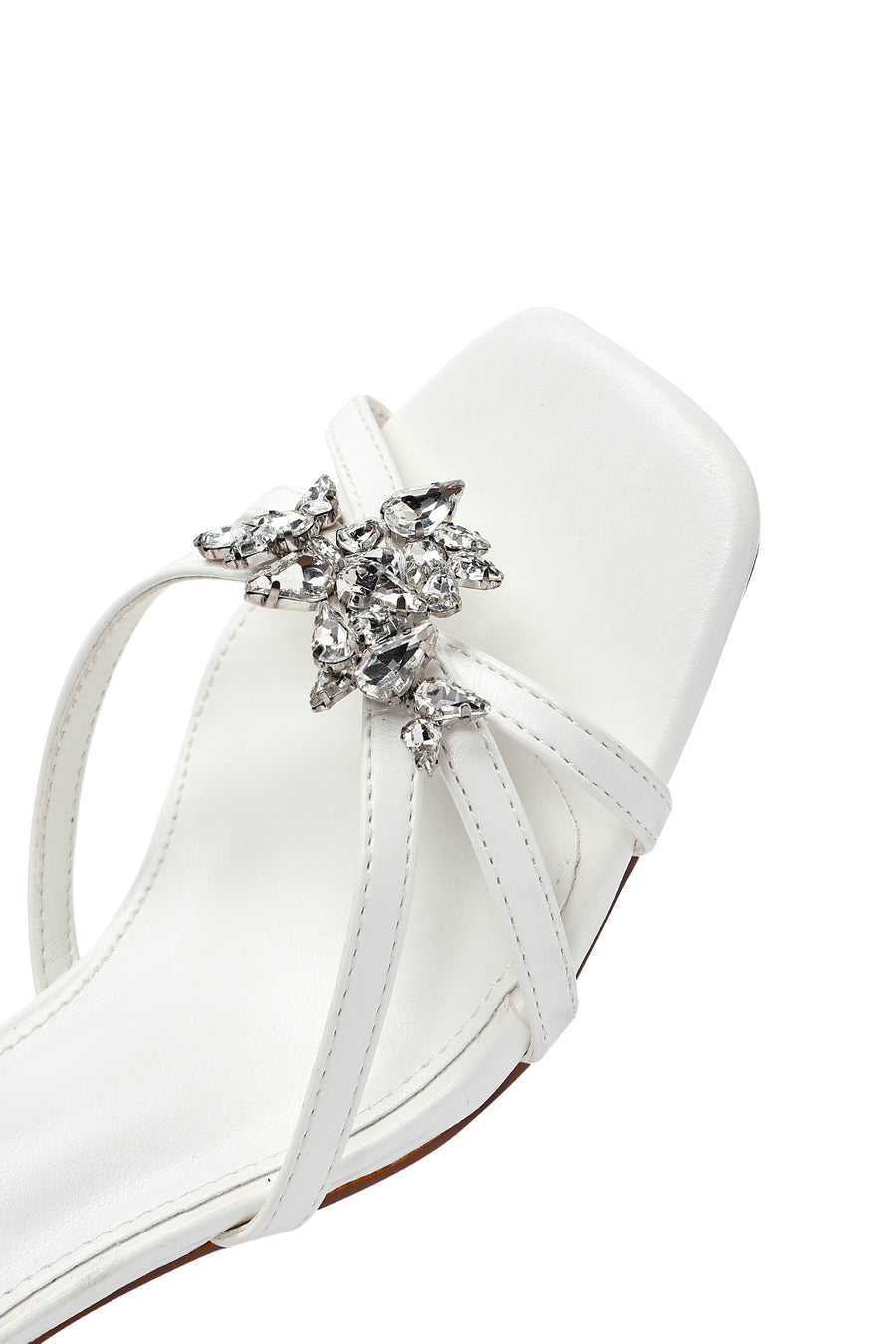 Women's White Ankle Buckle Stoned Thin Short Heeled Sandals