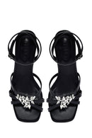 Women's Black Ankle Buckle Stoned Thin Short Heeled Sandals | Derimod