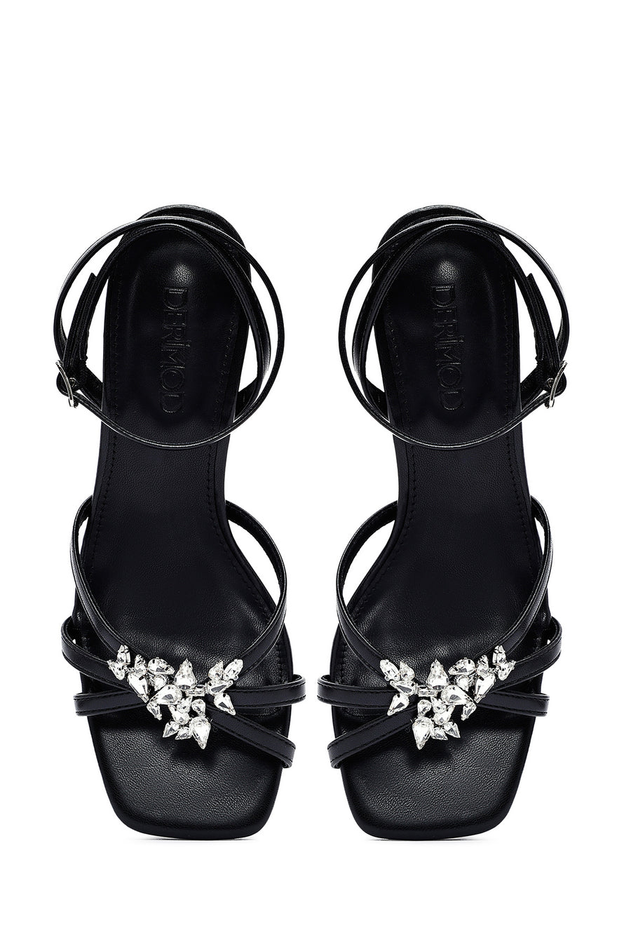 Women's Black Ankle Buckle Stoned Thin Short Heeled Sandals