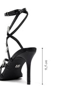 Women's Black Ankle Buckle Stone-Embellished Metallic Thin Heel Sandals | Derimod