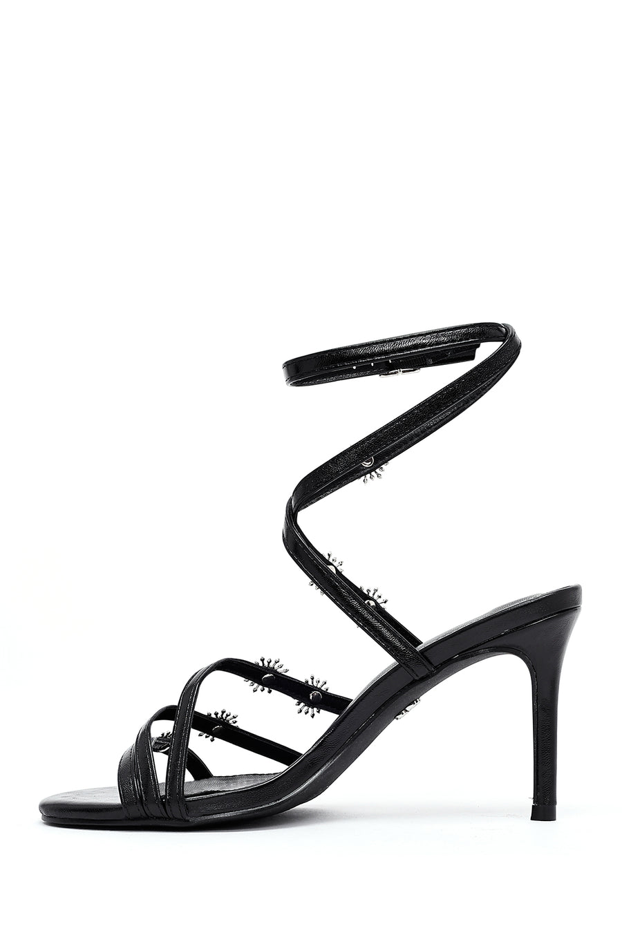 Women's Black Ankle Buckle Stone-Embellished Metallic Thin Heel Sandals