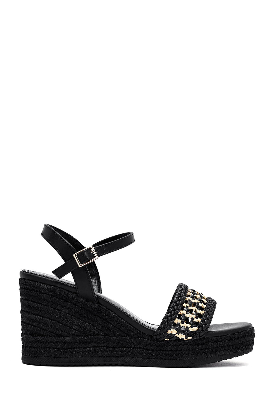 Women's Black Ankle Buckle Braided Wedge Heel Espadrille Sandals 25SFE482729 | Derimod