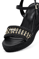 Women's Black Ankle Buckle Braided Wedge Heel Espadrille Sandals | Derimod