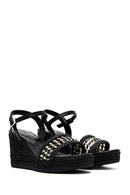 Women's Black Ankle Buckle Braided Wedge Heel Espadrille Sandals | Derimod