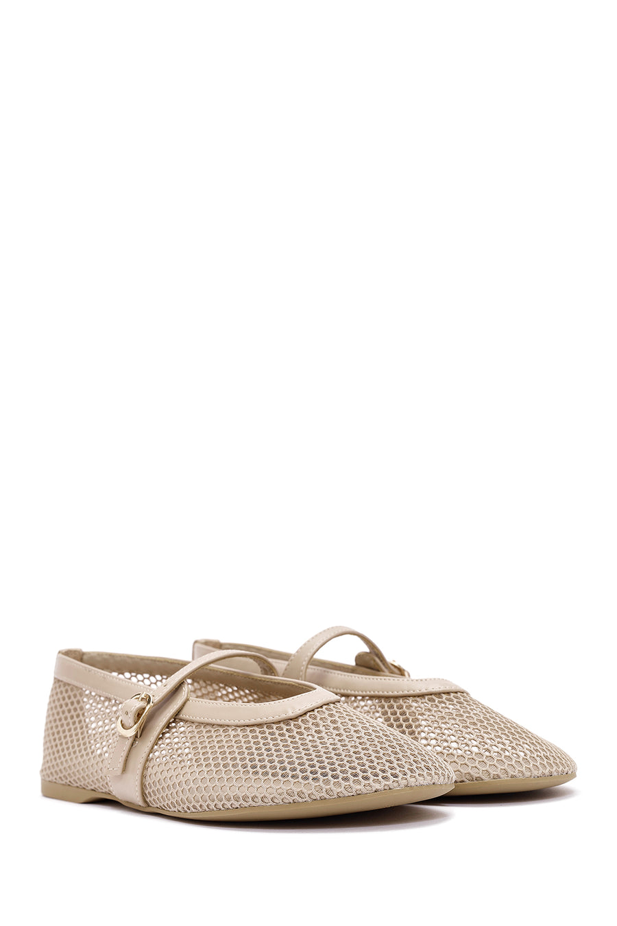 Women's Beige Strapped Mesh Ballet Flats