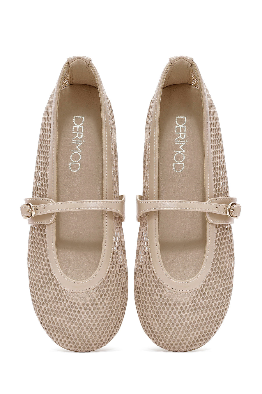 Women's Beige Strapped Mesh Ballet Flats