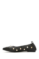 Women's Black Metal Detailed Leather Ballerinas | Derimod