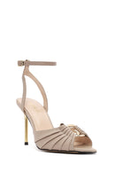 Women's Beige Ankle Strap Leather High Thin Heel Sandals | Derimod