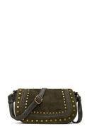 Women's Khaki Long Strap Studded Suede Crossbody Bag | Derimod
