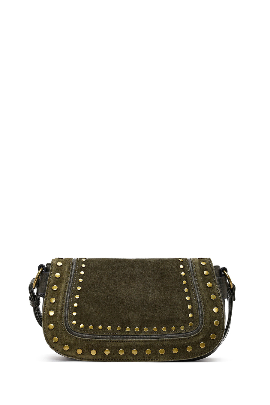 Women's Khaki Long Strap Studded Suede Crossbody Bag
