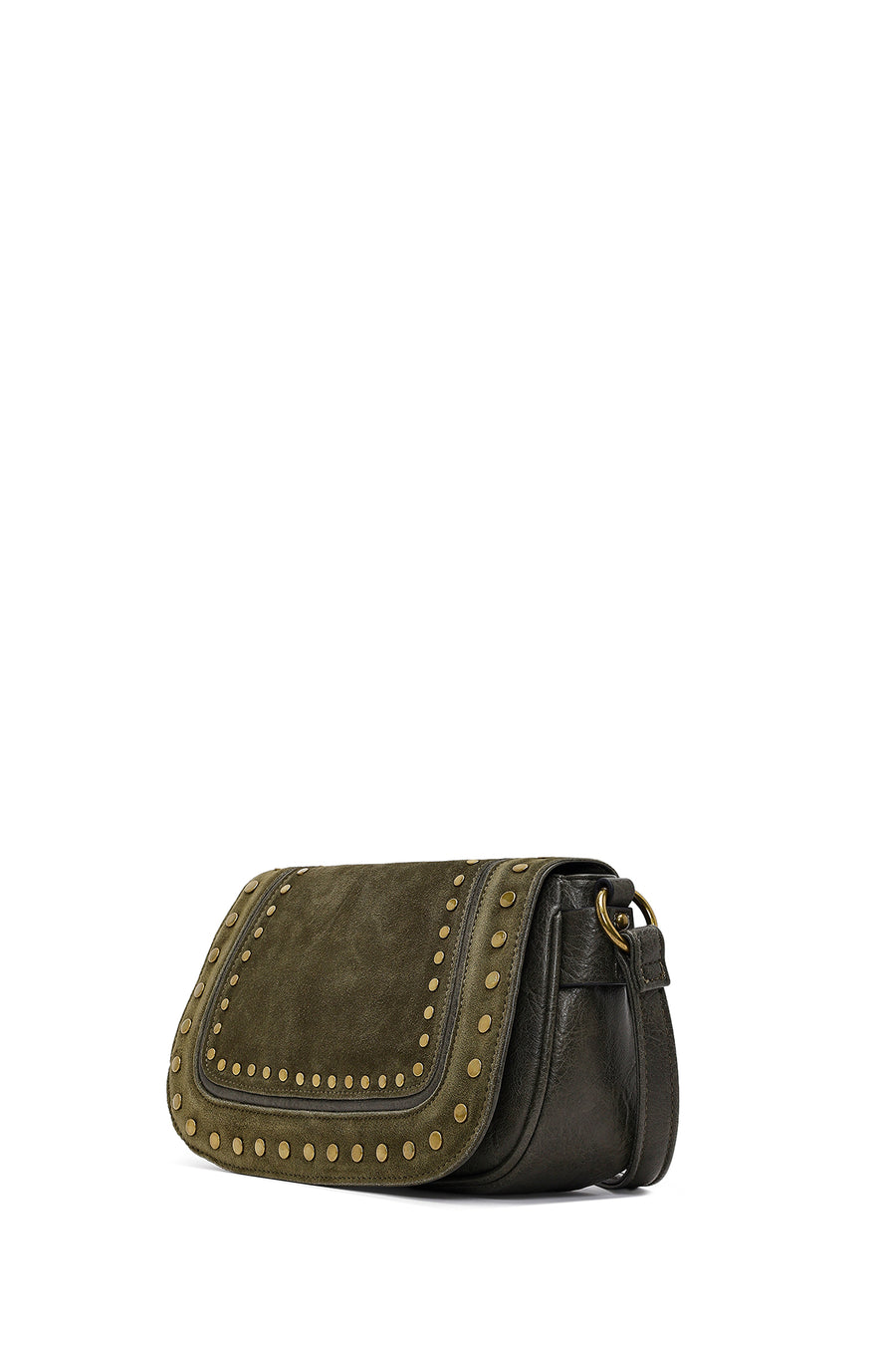 Women's Khaki Long Strap Studded Suede Crossbody Bag