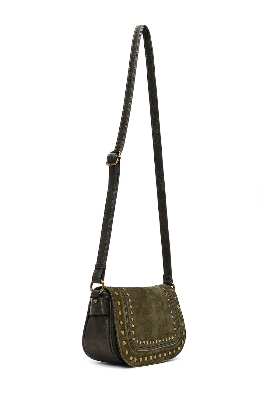 Women's Khaki Long Strap Studded Suede Crossbody Bag