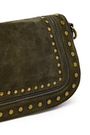 Women's Khaki Long Strap Studded Suede Crossbody Bag | Derimod