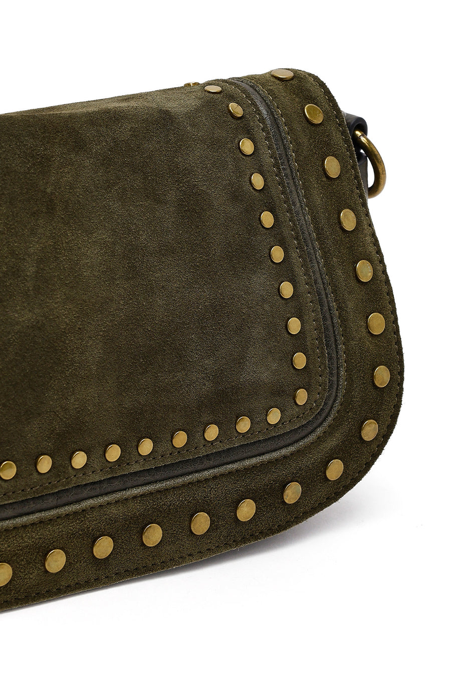 Women's Khaki Long Strap Studded Suede Crossbody Bag
