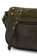 Women's Khaki Long Strap Studded Suede Crossbody Bag | Derimod