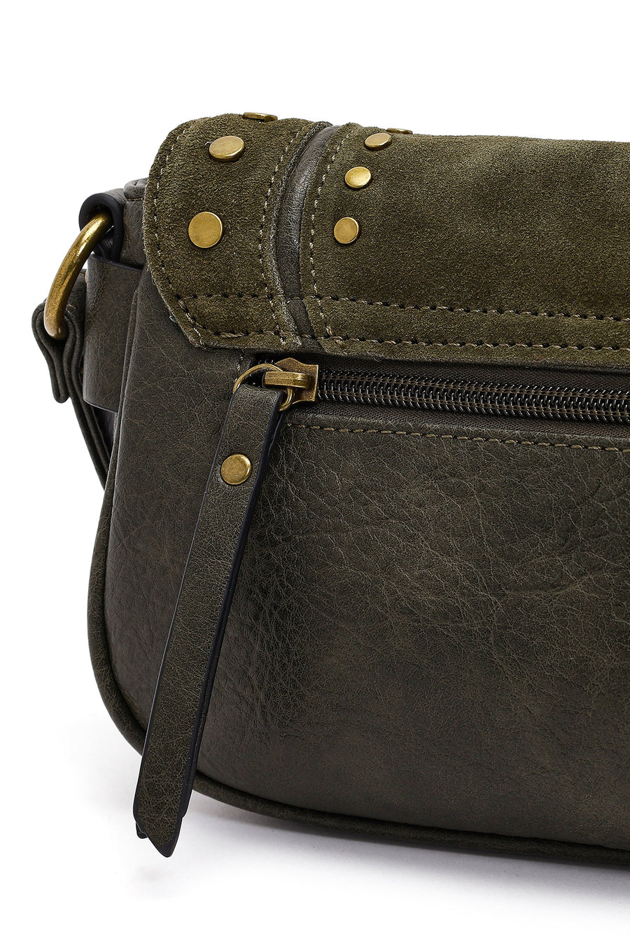 Women's Khaki Long Strap Studded Suede Crossbody Bag