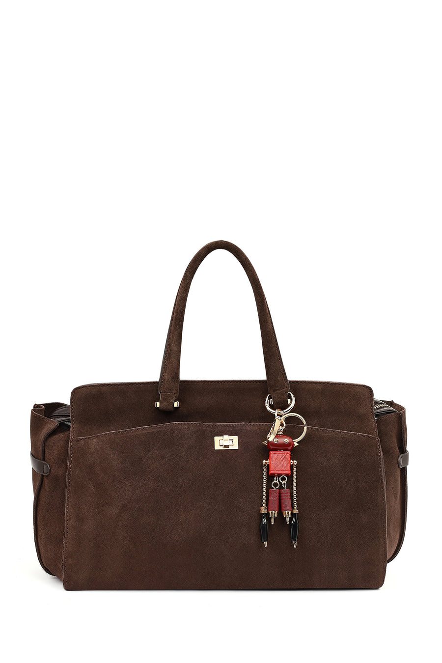 Women's Brown Long Strap Suede Shoulder Bag with Accessories
