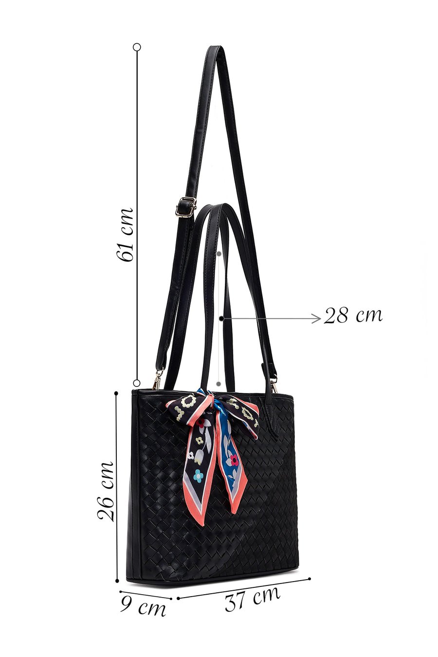 Women's Black Long Strap Accessorized Woven Shoulder Bag