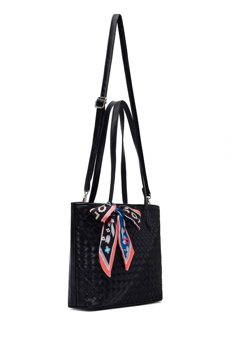 Women's Black Long Strap Accessorized Woven Shoulder Bag