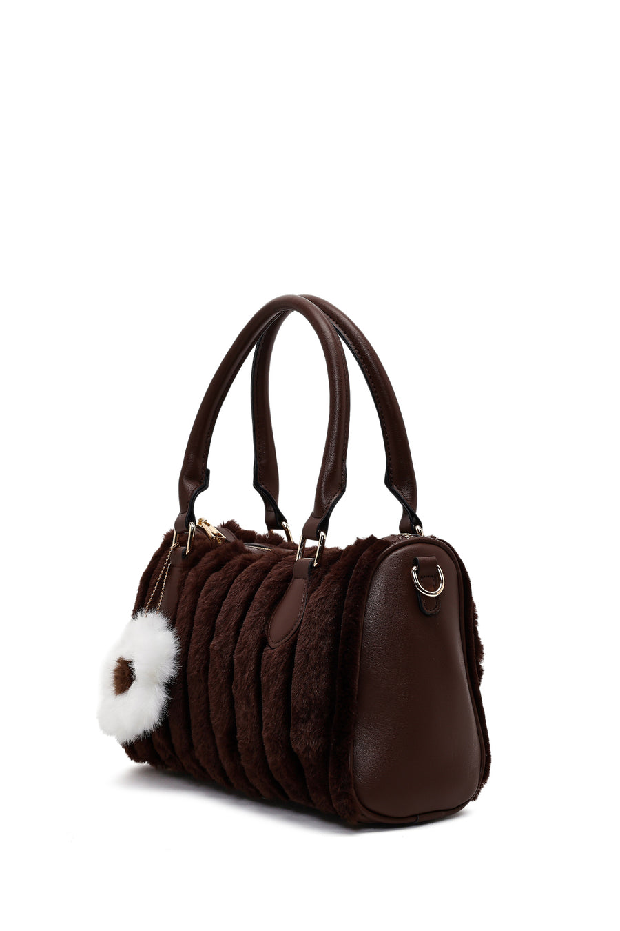 Women's Brown Long Strap Plush Shoulder Bag with Accessories