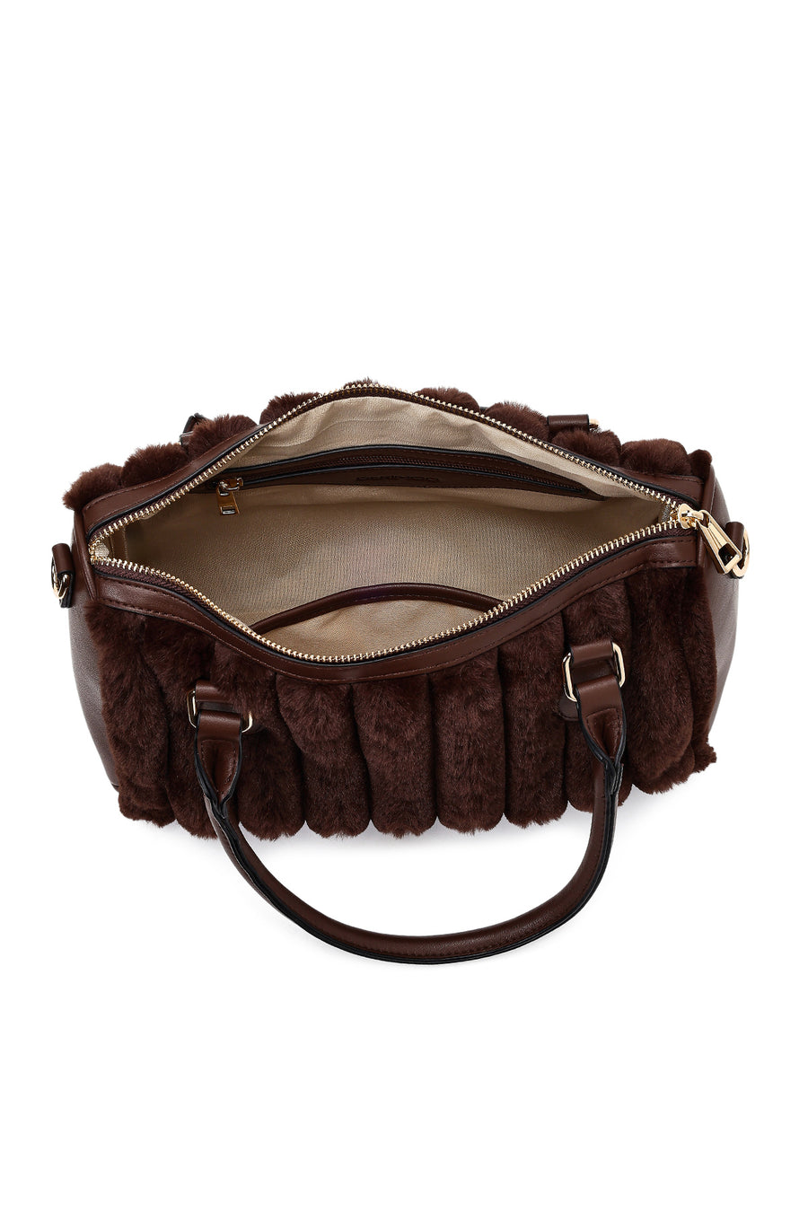 Women's Brown Long Strap Plush Shoulder Bag with Accessories