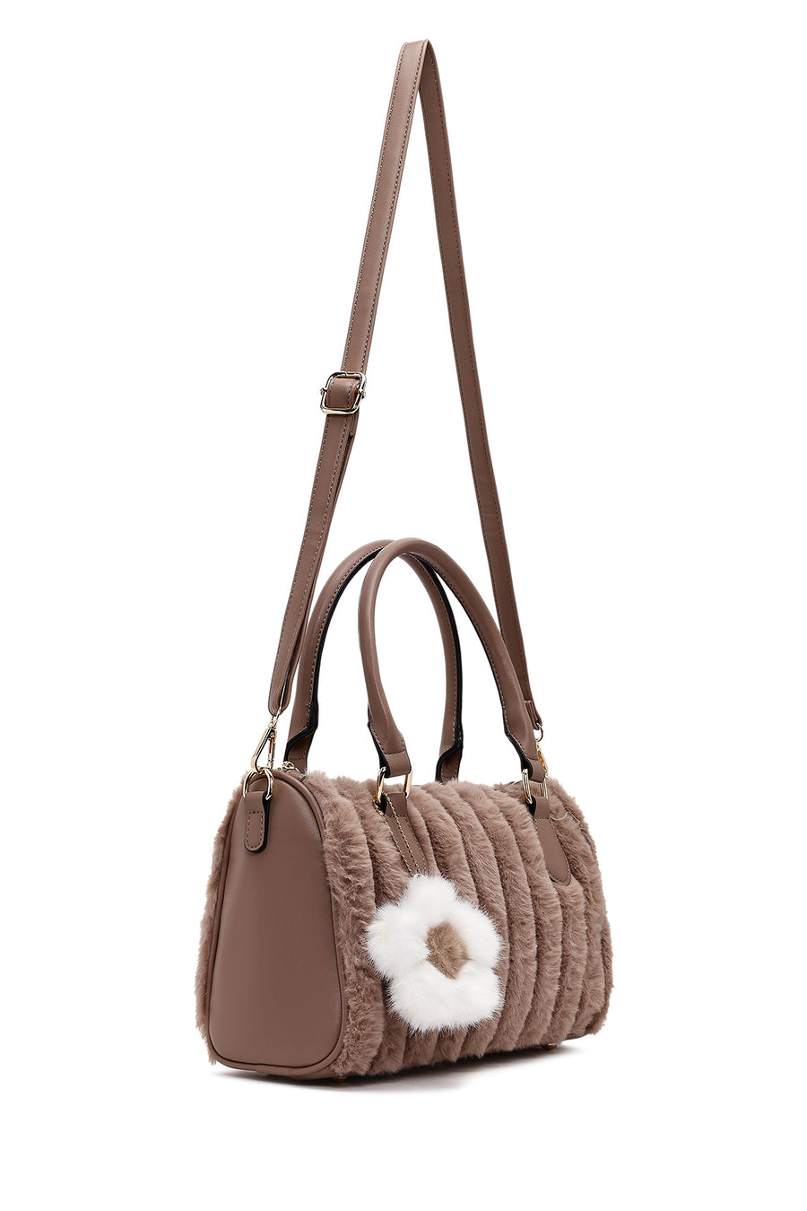 Women's Mink Long Strapped Plush Shoulder Bag with Accessories