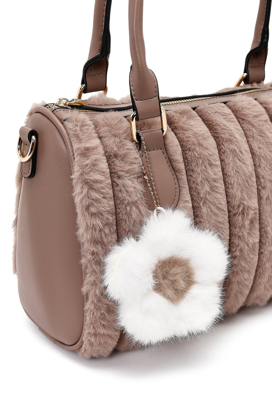Women's Mink Long Strapped Plush Shoulder Bag with Accessories