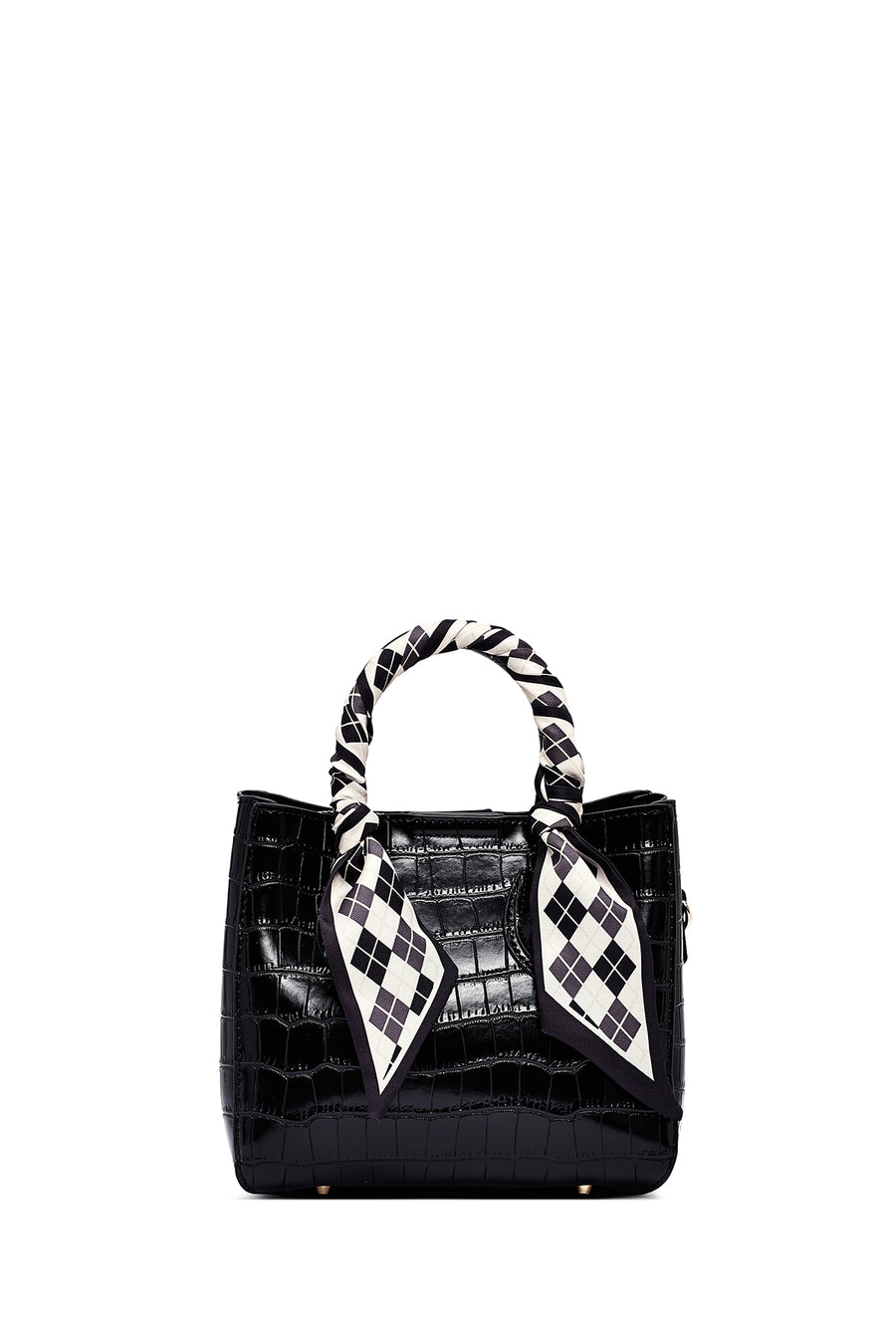 Woman Black Long Strap Crocodile Patterned Mini Handbag