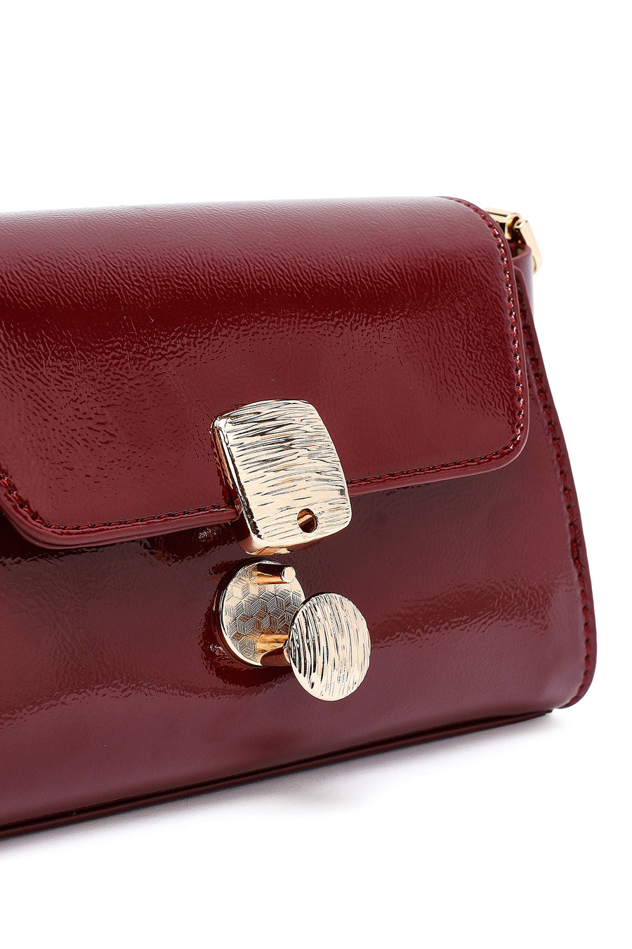 Woman Burgundy Long Strap Patent Leather Mini Crossbody Bag