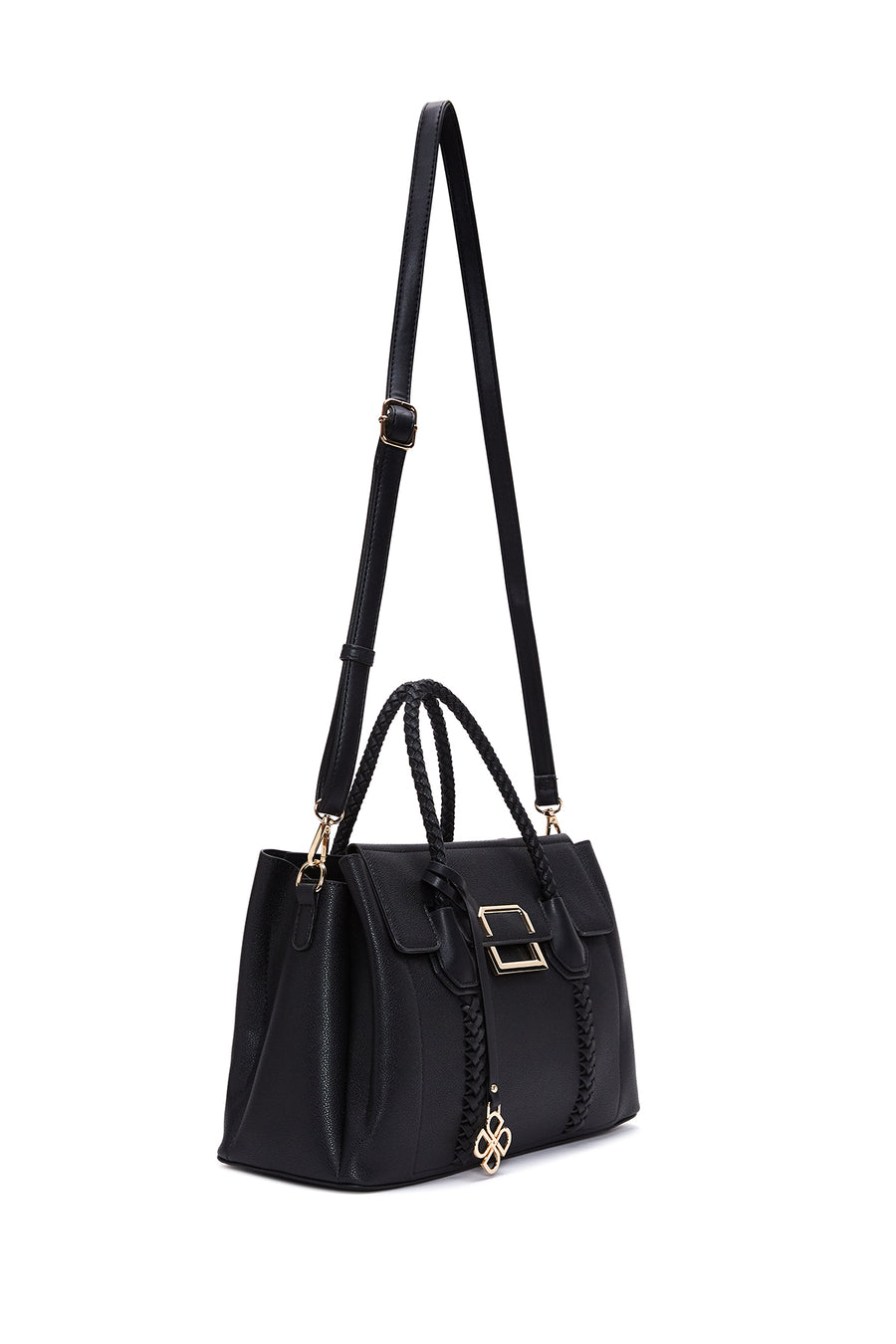 Women's Black Long Strap Woven Detailed Shoulder Bag
