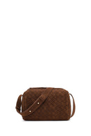 Women's Brown Long Strapped Woven Suede Crossbody Bag | Derimod