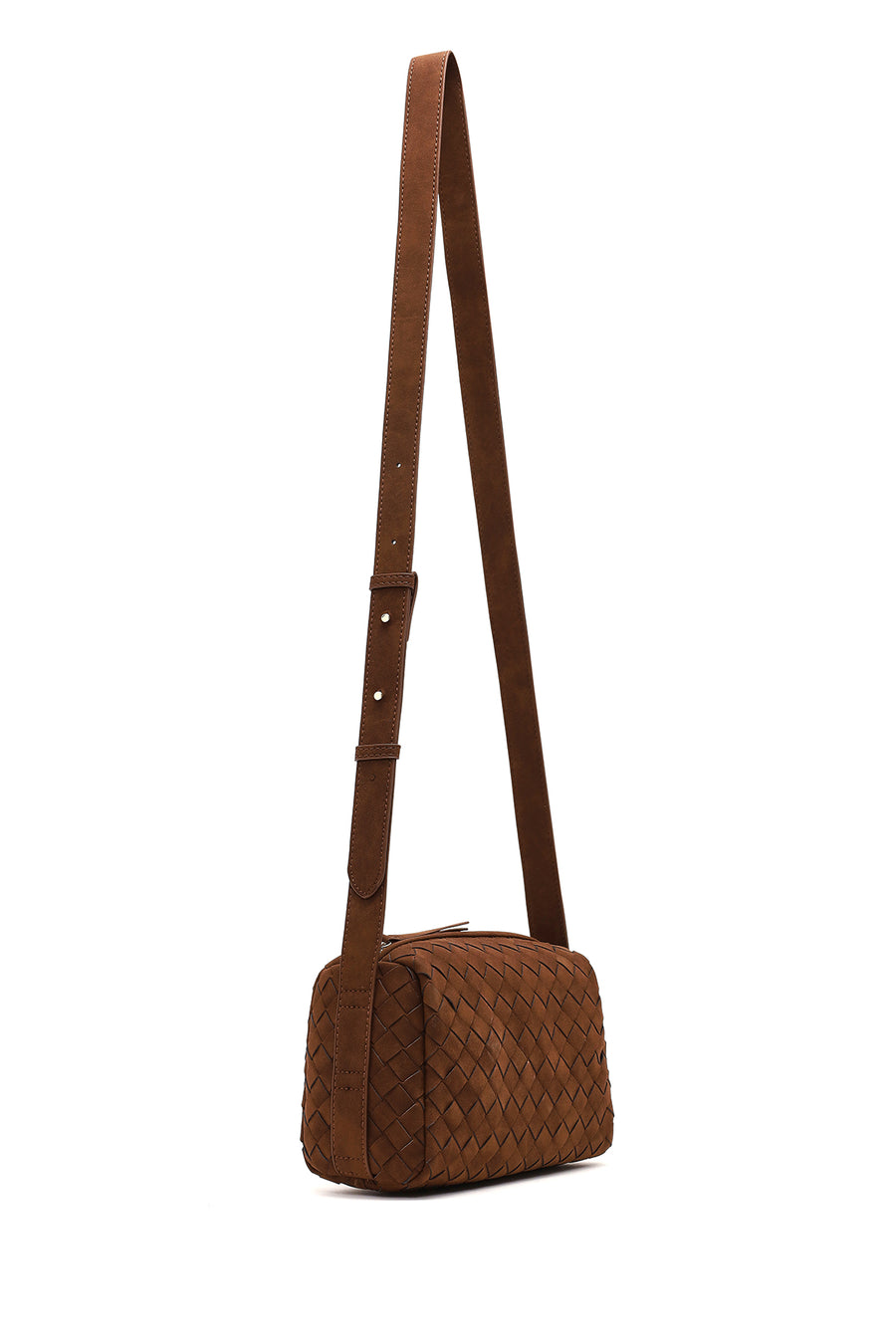 Women's Brown Long Strapped Woven Suede Crossbody Bag