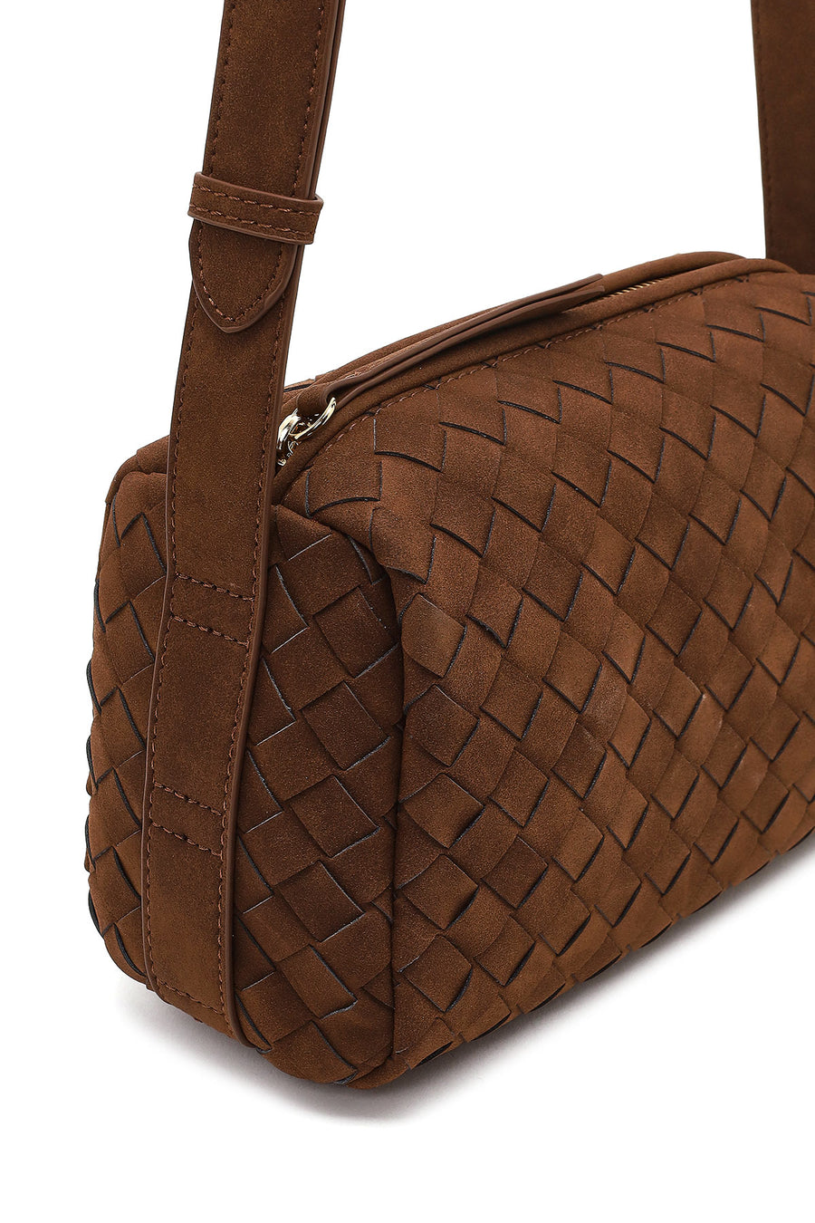 Women's Brown Long Strapped Woven Suede Crossbody Bag