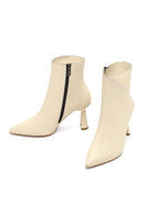 Women's Cream Zippered Thin Heeled Leather Boot | Derimod