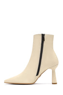 Women's Cream Zippered Thin Heeled Leather Boot | Derimod