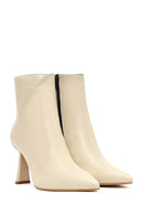 Women's Cream Zippered Thin Heeled Leather Boot | Derimod