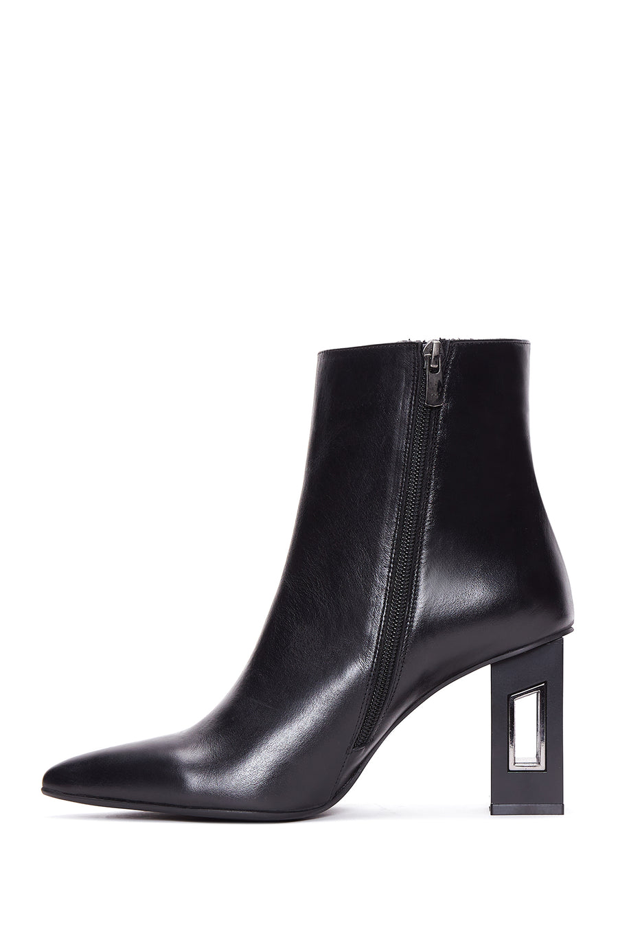 Woman Black Zippered Chunky Heels Leather Boat
