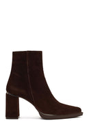 Women's Brown Zippered Suede Leather Thick Heeled Boots | Derimod