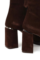 Women's Brown Zippered Suede Leather Thick Heeled Boots | Derimod