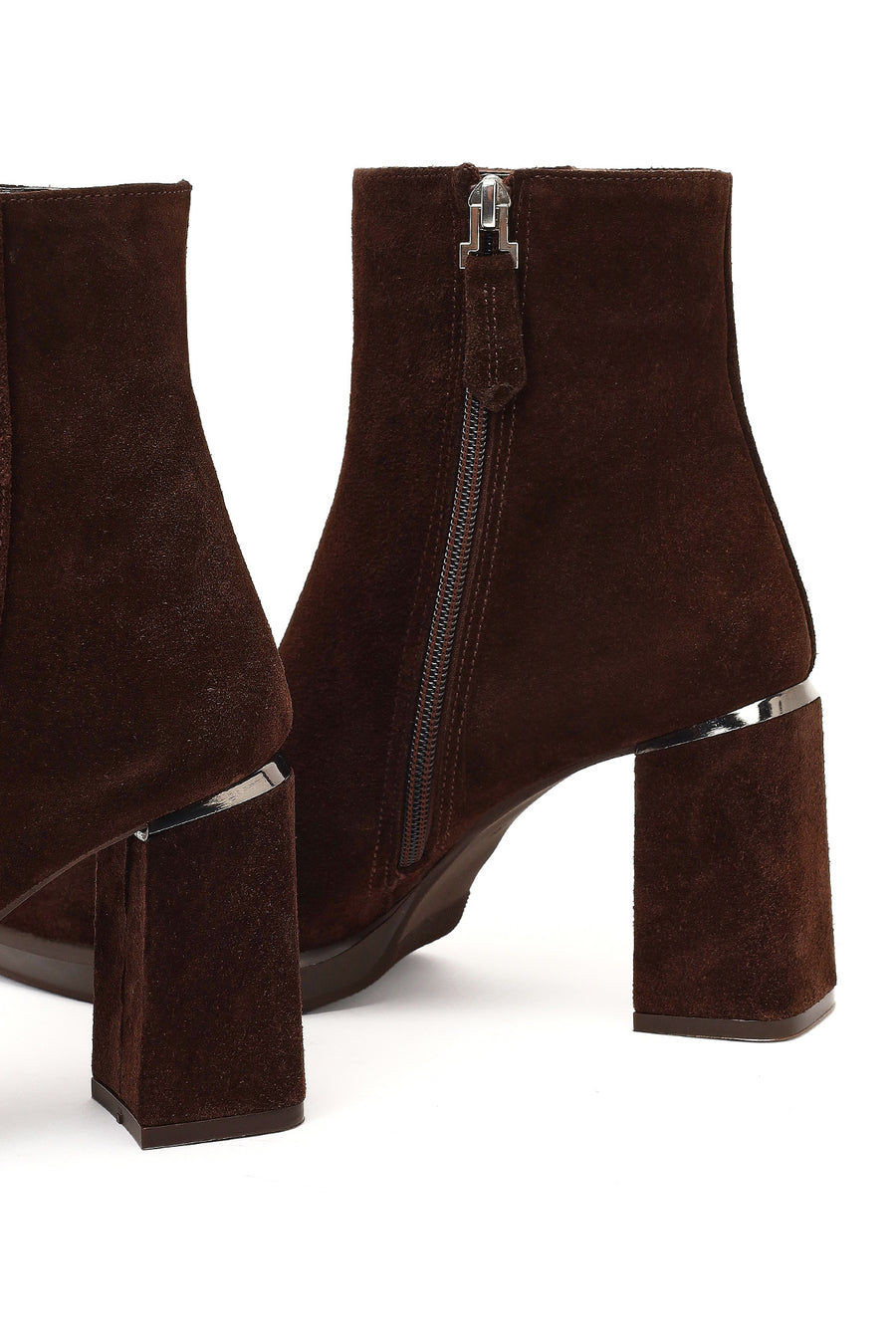 Women's Brown Zippered Suede Leather Thick Heeled Boots