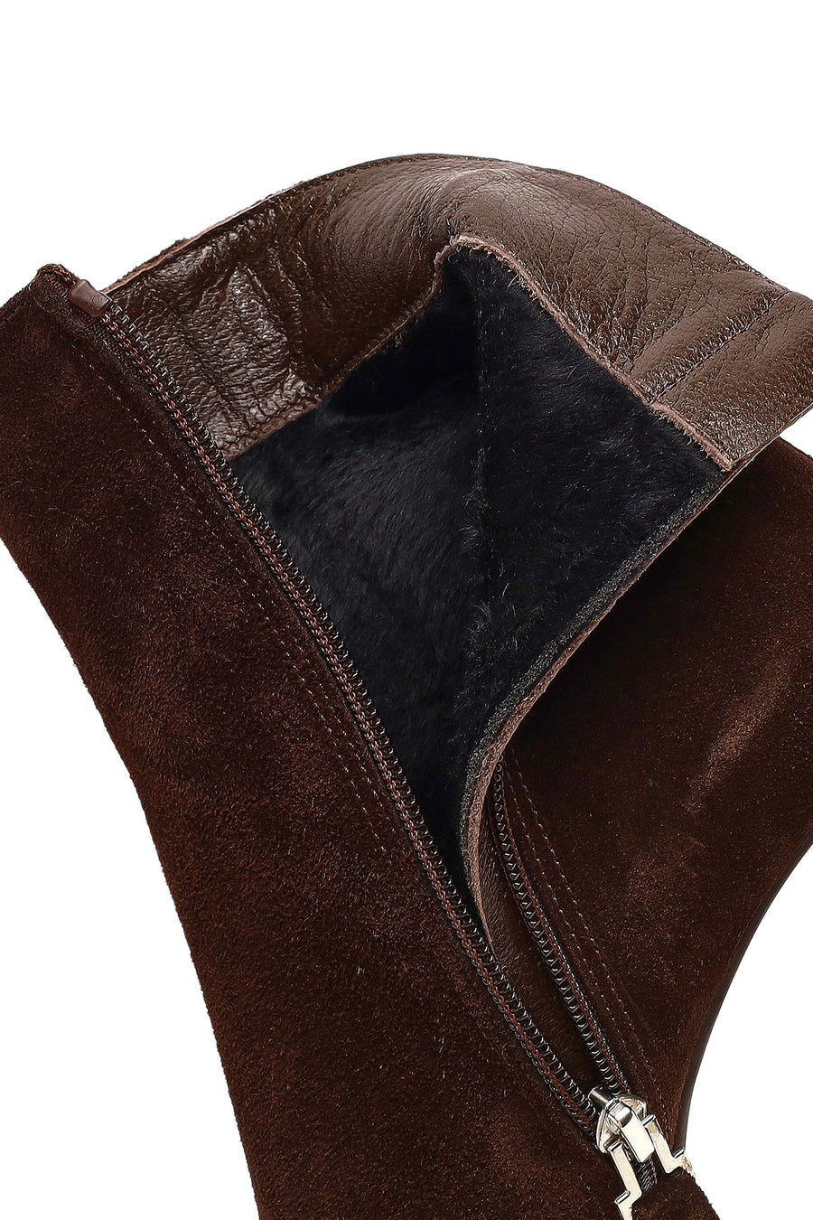 Women's Brown Zippered Suede Leather Thick Heeled Boots