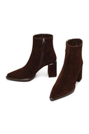 Women's Brown Zippered Suede Leather Thick Heeled Boots | Derimod